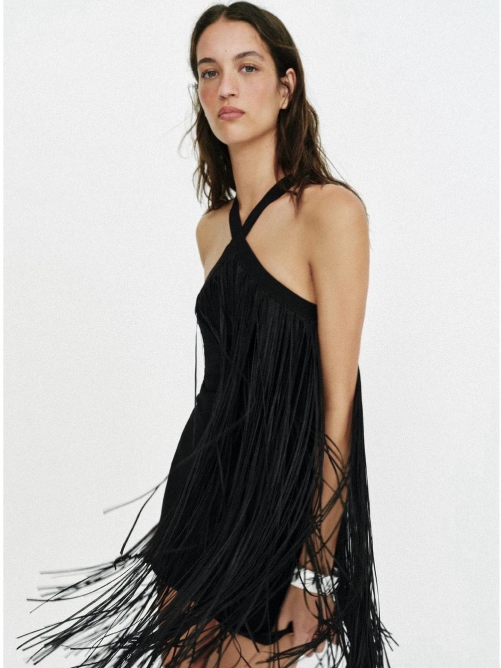 Zara Black Fringe Halter Mini Dress with Crisscross Straps Size Medium NWT - Picture 4 of 10